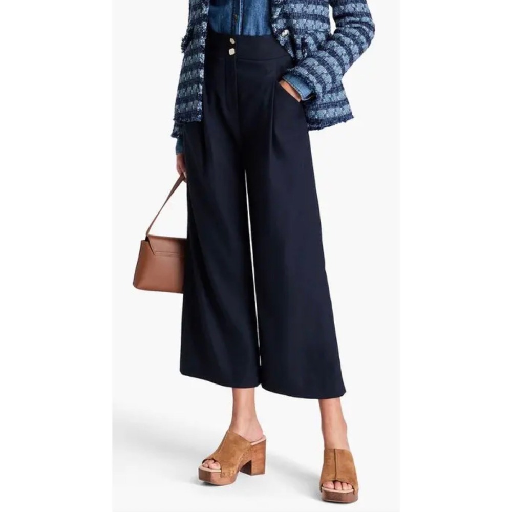 Veronica Beard Kuna Navy Blue Linen Blend High Waisted Wide Leg Trousers Size 8